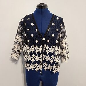 Vintage Black Floral Crochet Cardigan Size L